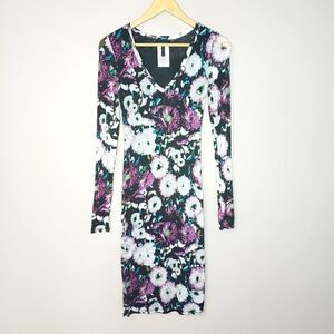 BCBG MaxAzria XSmall Long Sleeve Purple Blue Floral V-neck Bodycon Tori …